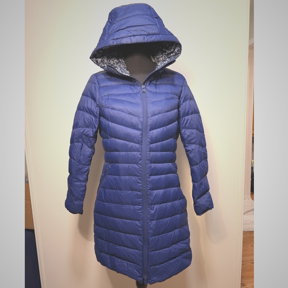 Lands End Jacket S Wanderweight Packable Down Long Puffer Blue Hooded Womens